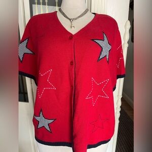 Norton Woman Red Star Cardigan Size 2X Patchwork Embroidered Sweater